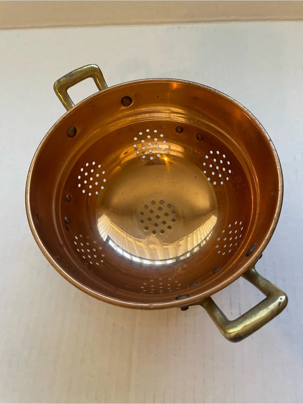 Vintage copper & brass berry colander with feet